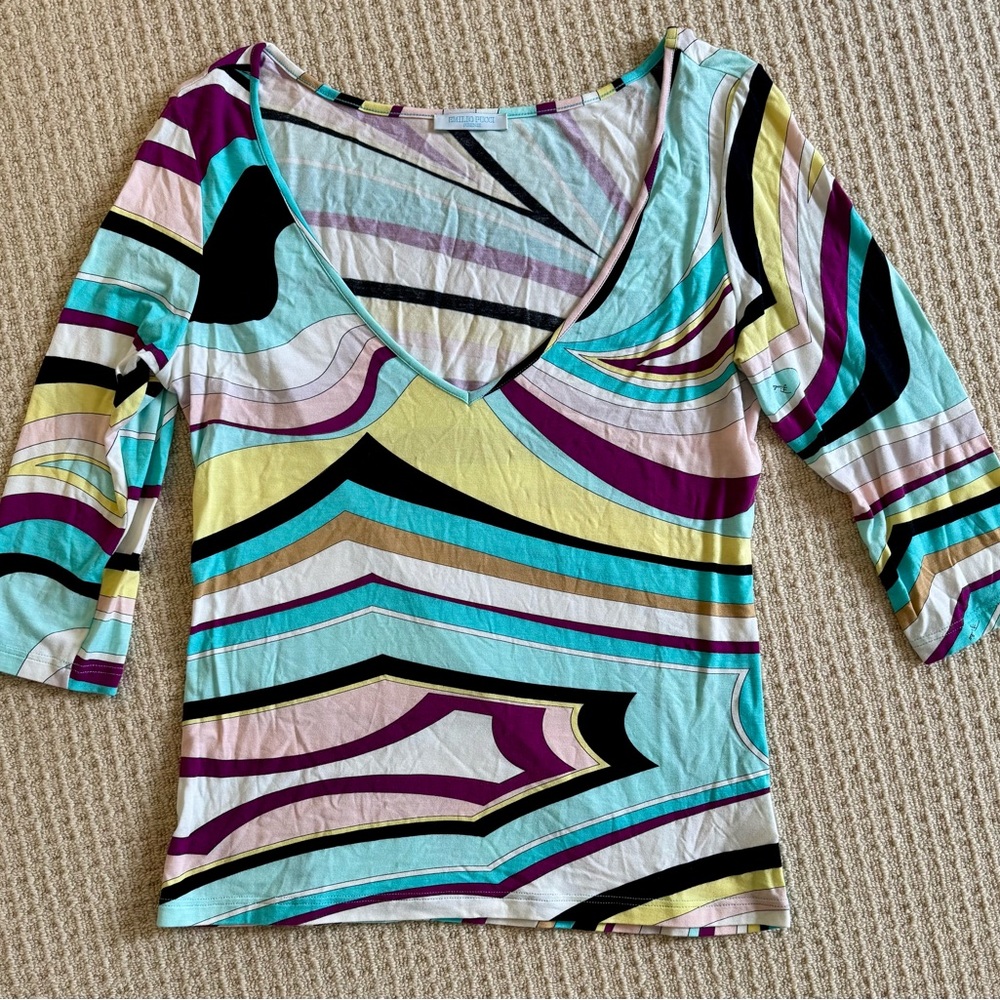 Emilio Pucci Abstract Wave Print Long Sleeve Top in Aqua, Purple, Yellow, Black